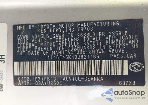 2009 Toyota Camry Le z USA, uszkodzony, nr VIN 4T1BE46K19U821166
